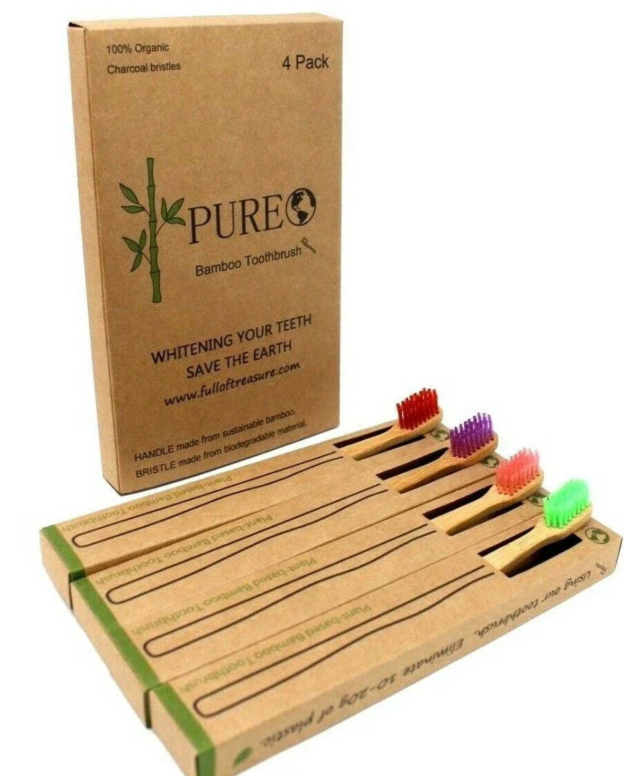 Bamboo Toothbrushes Biodegradable Natural Multi Color Bristles 4 pack