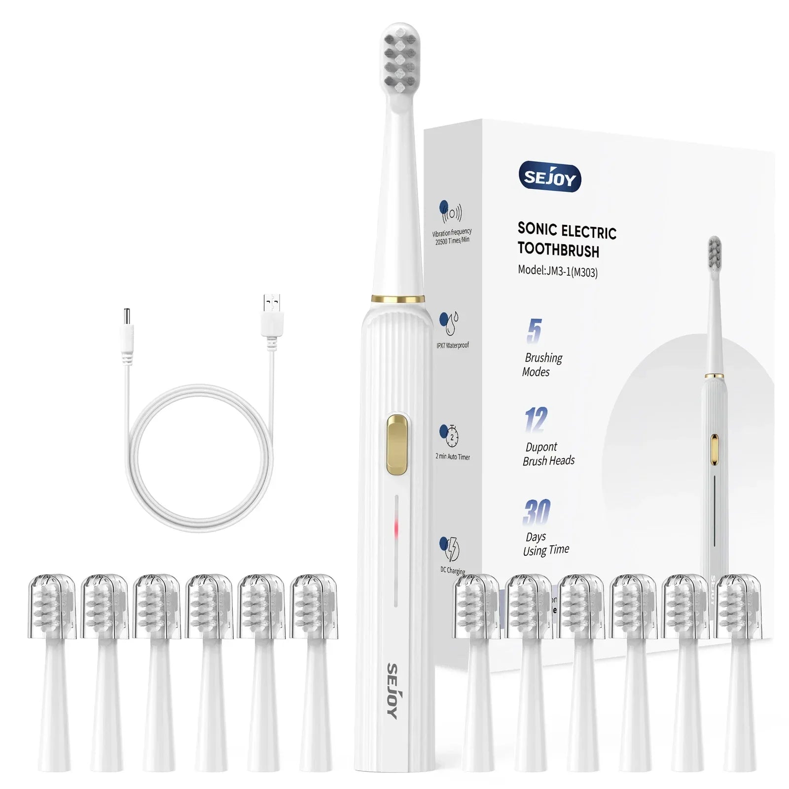 Electric Toothbrush Rechargeable With 12 Brush Heads 5 Modes Timer